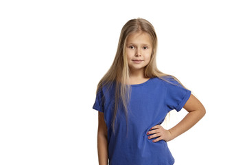 Portrait of adorable emotional little girl isolated on a white