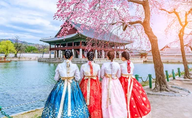 Crédence de cuisine en verre imprimé Séoul Fleur de cerisier avec la robe nationale coréenne au palais de Gyeongbokgung Séoul, Corée du Sud