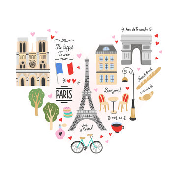 Paris city travel illustrations. France vector symbols and icons: architecture, cafe, bicycle, french food