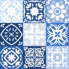 Blue Portuguese tiles pattern - Azulejos vector, fashion interior design tiles 