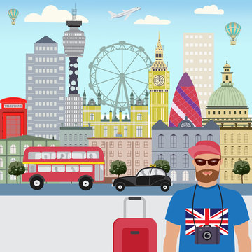 Vector city background. London Travel. A man travels in Lonlon.Flat design.