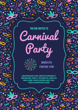 Carnaval Party invitation card with funny decorations. Vector.