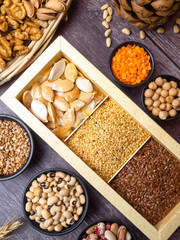 Legumes bean seed , nuts, Food sources of fiber top view