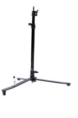 Camera tripod isolated on white background. Small studio flash stand. Professional photo equipment.