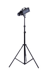 Professional studio flash isolated on white. Modern powerful photographic flash. Studio lighting, vertical image.