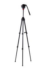 Long metal camera tripod. Camera tripod isolated on white background. Equipment for photographers.