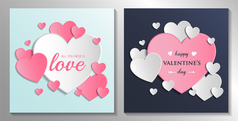 Valentine's Day card collection with cute paper hearts. Vector
