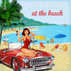 Vintage vacation background with pin-up girl,  retro car and people on the beach