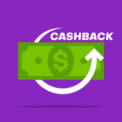 Money cashback sign with green dollar banknote and arrow.