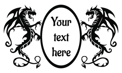 Two black tribal dragons with copy space frame on white background. Vector illustration