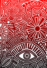 Hand drawn red gradient colored tattoo pattern in maori style with turtle, sun, eye, leaf and flower on white background - obrazy, fototapety, plakaty