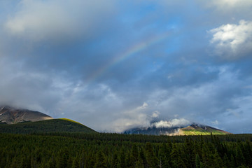 Fototapeta premium A rainbow in the Canadian Rocky Mountains in Kananaskis Country, Alberta, Canada