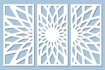 Set decorative card for cutting. Geometry, line, flower pattern. Laser cut panel. Ratio 1:2. Vector illustration.