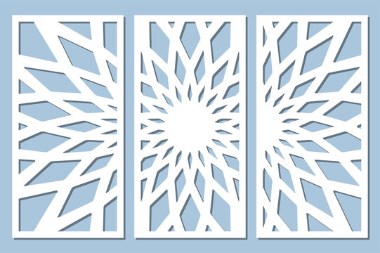 Set decorative card for cutting. Geometry, line, flower pattern. Laser cut panel. Ratio 1:2. Vector illustration.