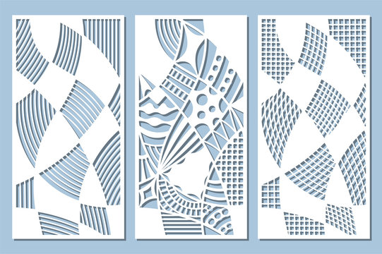 Set decorative card for cutting. Doodle line pattern. Laser cut panel. Ratio 1:2. Vector illustration.