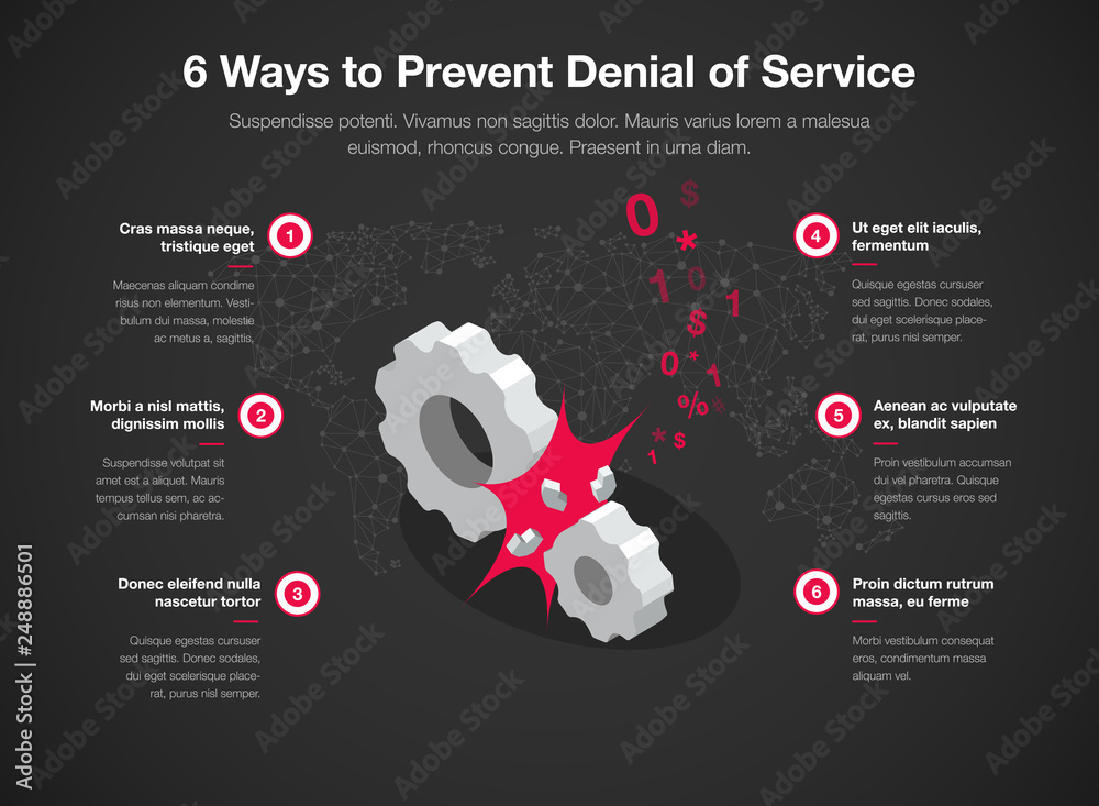 Fototapete simple vector infographic for 6 way to prevent denial of services (dos) with broken gears as a main 