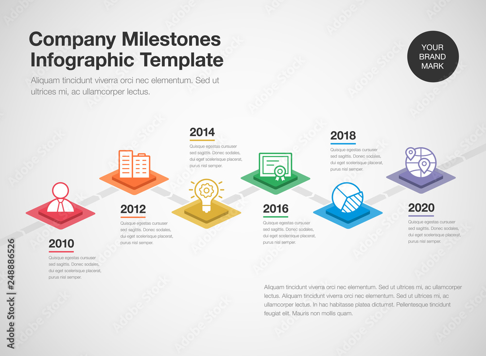 Poster Simple infographic for company milestones timeline template with colorful rhombus and line icons isolated on light background. Easy to use for your website or presentation.