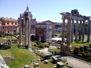 View of the Temple of Saturn in roman forum, Rome, Italy. 