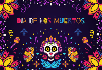 Dia de los Muertos, Day of the Dead vector illustration. Design for banner or party flyer with sugar skull, flowers and decorative border.