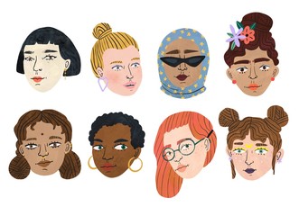 Happy international women's day. Different beauty. Set of various women's heads. Various races and nationalities. Colored hand drawn illustration.