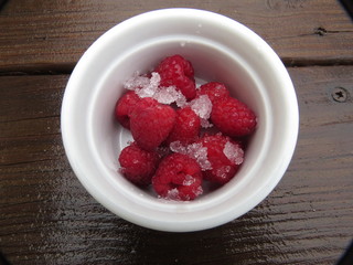 Red Raspberries in Pink or White Mug or Ramekin in Snow in Winter on Dark Wood Background