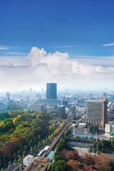 Landscape of tokyo city skyline in Aerial view with skyscraper, modern office building and blue sky with cloudy sky background in Tokyo metropolis, Japan.
