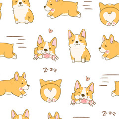Kawaii playful Corgi dogs in various poses. Hand drawn colored vector seamless pattern