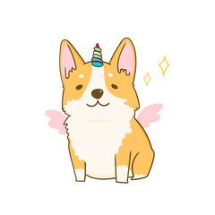 Cute little Corgi puppy with wings and unicorn horn. Hand drawn colored vector illustration