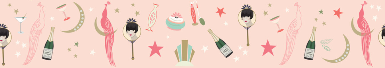 Pretty, feminine art deco seamless pattern border. Vector, repeats endlessly from left to right. Flapper in mirror, champagne, peacocks and crescent moons in an Art Deco theme.