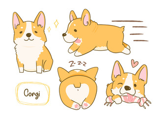 Kawaii playful Corgi dogs in various poses. Hand drawn colored vector set. All elements are isolated