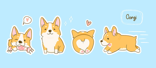 Fototapeta premium Kawaii playful Corgi dogs in various poses. Hand drawn colored vector set. Pre-made stickers. Blue background. All elements are isolated