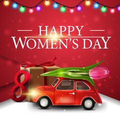 Women's day red greeting card with car with Tulip