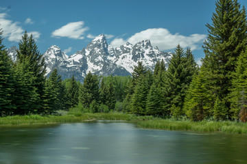 Grand Teton Range Framed  by Trees with Lake in Foreground