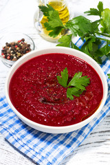 cold beet soup in a bowl, vertical closeup