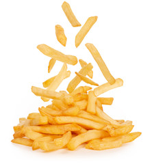 french fries falling isolated on white background - obrazy, fototapety, plakaty