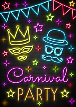 Carnival Party - colorful neon invitation card. Vector