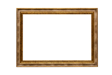 Wooden frame for paintings with patina, made in a classic design. Isolated. Picture frame. White background.