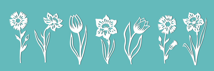 A set of flowers for decoration. Templates for paper cutting, laser cutting and plotter. Vector illustration. - obrazy, fototapety, plakaty