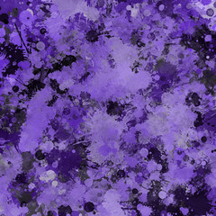 Violet paint splatter effect texture on gray paper background. Artistic backdrop. Different paint drops. Rusted metal.