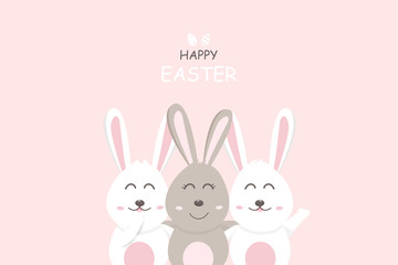 Happy Easter card, minimal decoration pastel, rabbit and friend cute cartoon character greeting poster invitation vector illustration