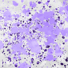 Violet paint splatter effect texture on gray paper background. Artistic backdrop. Different paint drops. Rusted metal.