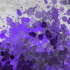 Violet paint splatter effect texture on gray paper background. Artistic backdrop. Different paint drops. Rusted metal.