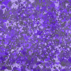 Violet paint splatter effect texture on gray paper background. Artistic backdrop. Different paint drops. Rusted metal.