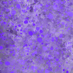 Violet paint splatter effect texture on gray paper background. Artistic backdrop. Different paint drops. Rusted metal.
