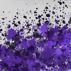 Violet paint splatter effect texture on gray paper background. Artistic backdrop. Different paint drops. Rusted metal.