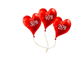 Obraz na płótnie Canvas Red haeart balloons minus 20, 30, 40 percent on background