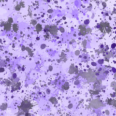 Violet paint splatter effect texture on gray paper background. Artistic backdrop. Different paint drops. Rusted metal.