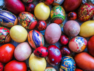 Fototapeta na wymiar Colorful eggs, boiled and painted by hand, cooked for Easter.