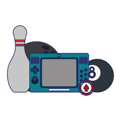 Naklejka premium Videogames console with pool ball and bowling