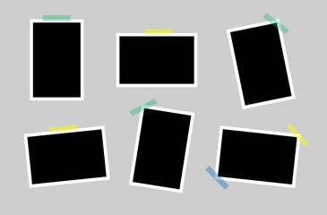 Set of photo frames isolated on grey background with stick tape. Realistic mockups. Color adhesive tapes.